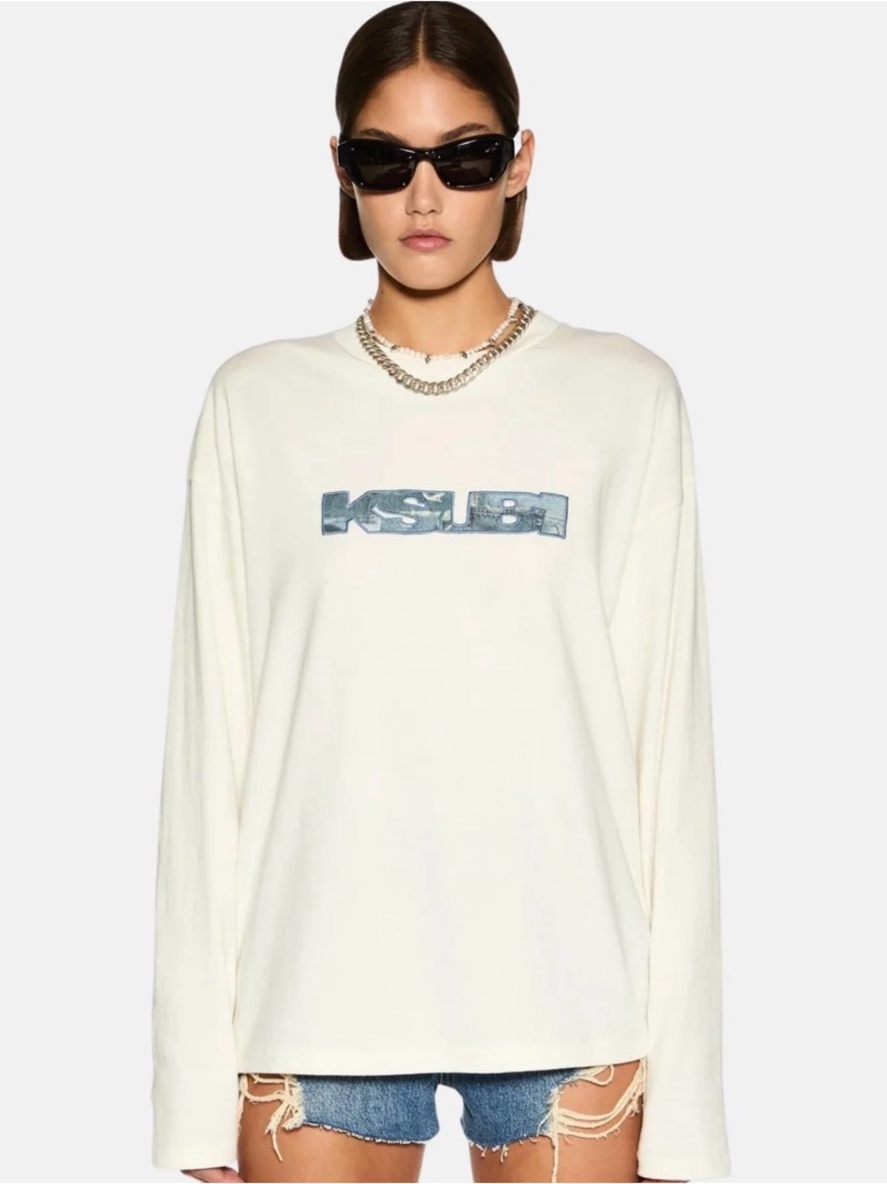 Ksubi Cream Crewneck Tee with Black Logo Tab